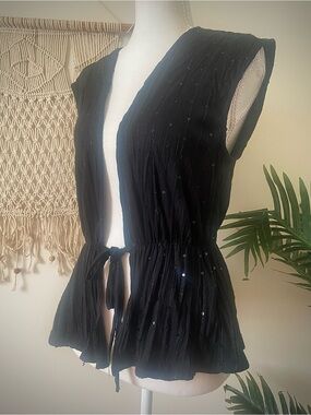 Vintage Lux Urban Outfitters Black Sequin Crinkle Tie Front Top M